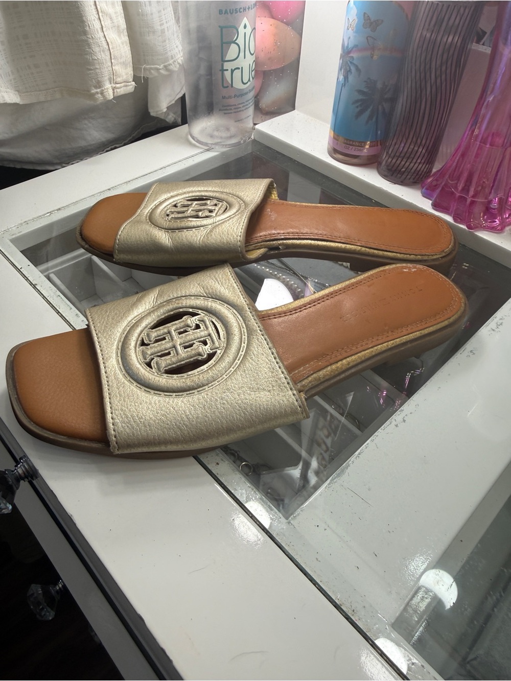 Tommy Hilfiger Metallic Champagne Slide Sandals with Logo Medallion - Picture 3 of 5